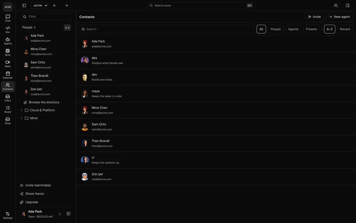 The Contacts room: the people and the agents of the company in one directory.