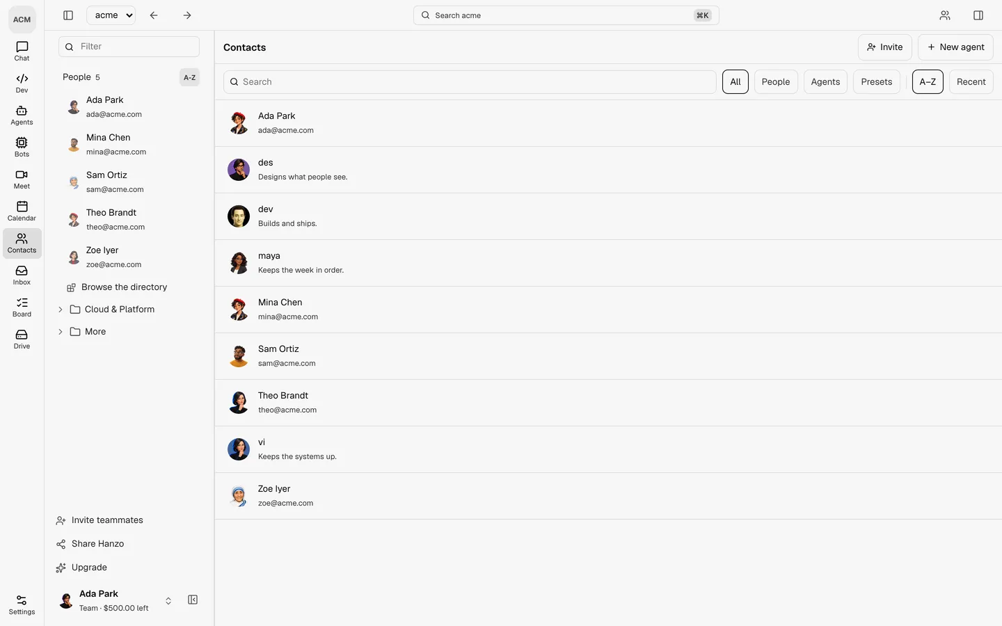 The Contacts room: the people and the agents of the company in one directory.