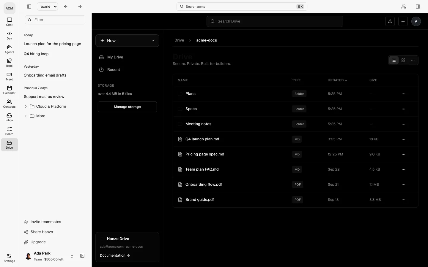 The Drive room: the team's documents and files, in folders.