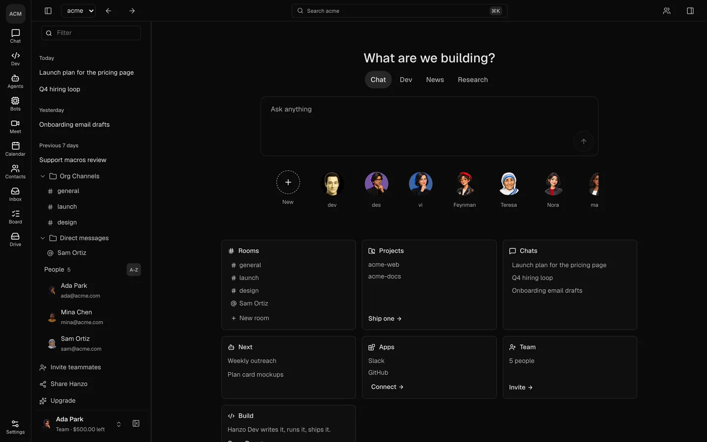Home in Hanzo Team: the team's rooms, projects, chats and agents on one screen.