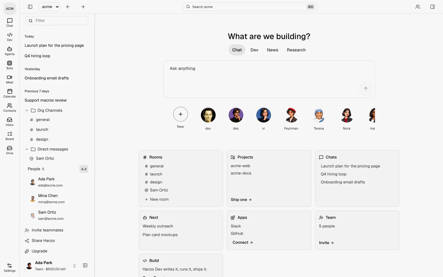 Home in Hanzo Team: the team's rooms, projects, chats and agents on one screen.